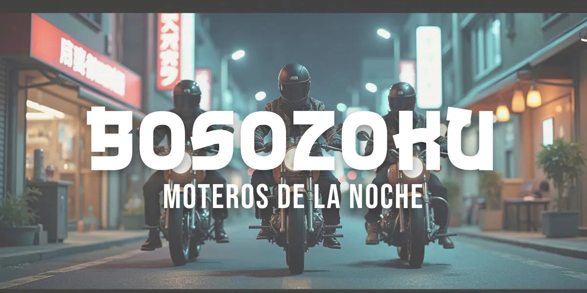Jóvenes bosozoku con tokko-fuku junto a sus motos modificadas en una calle japonesa de noche
