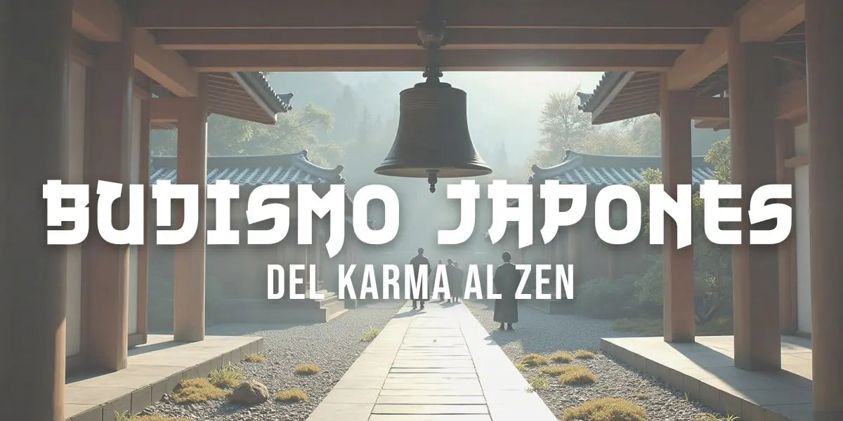 Campana de bronce y monjes caminando hacia el salón principal de un templo budista en una ladera cerca de Kioto