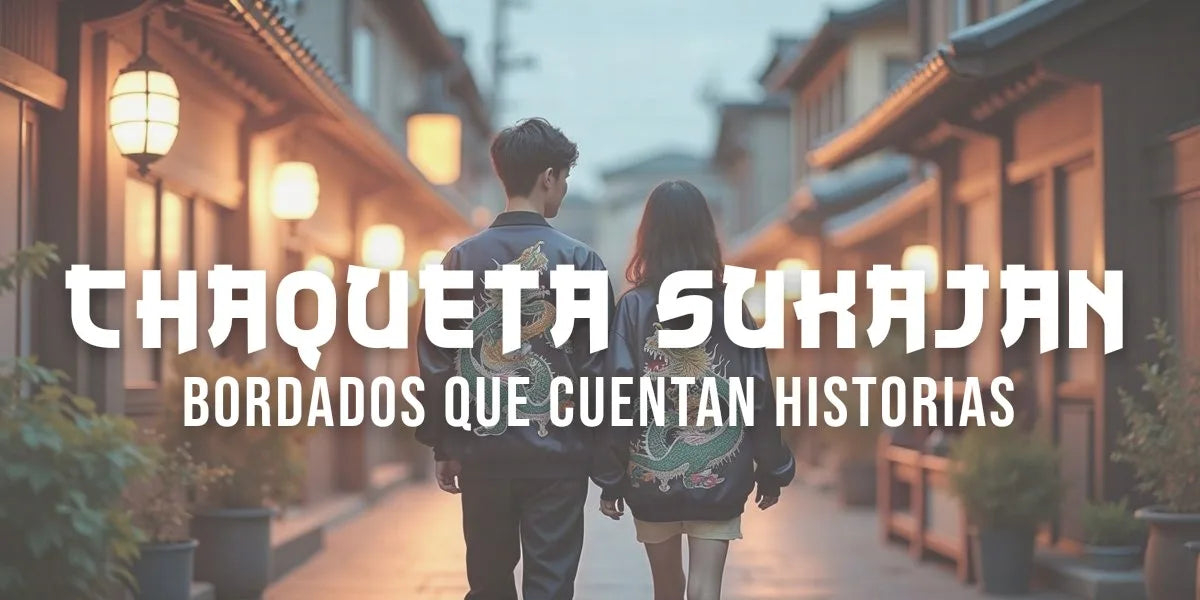 Pareja joven con chaquetas sukajan de satén bordadas con dragón y flores de cerezo en una calle iluminada