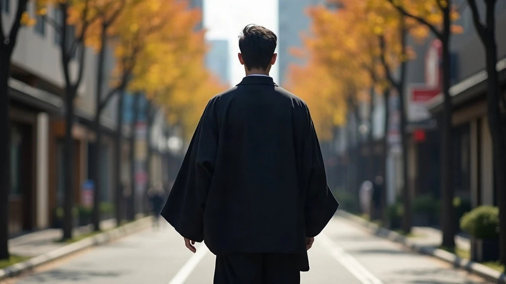 Hombre vistiendo un haori negro abierto en la calle