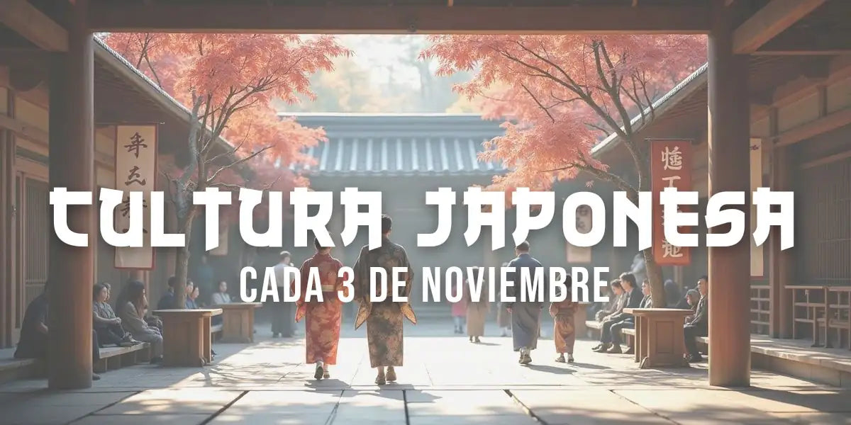 Visitantes con kimono y haori entran a un museo japonés durante el Día de la Cultura, con arces rojos y una demostración de artesanía al aire libre