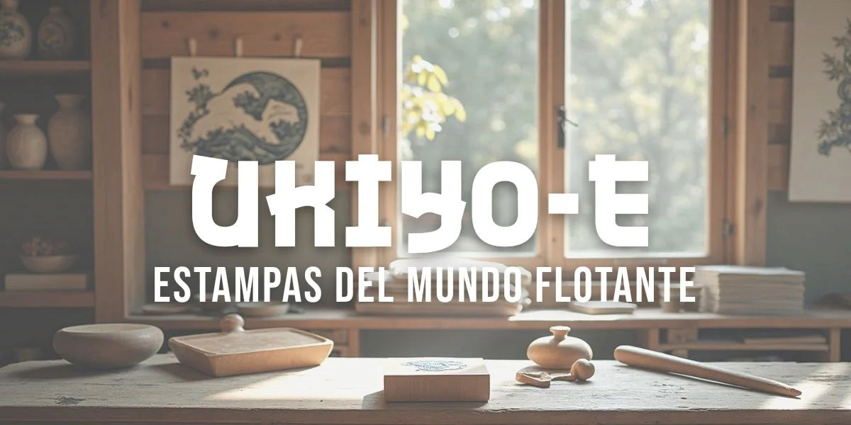 Taller de grabado con una plancha de madera de cerezo entintada y estampas japonesas ukiyo-e secándose