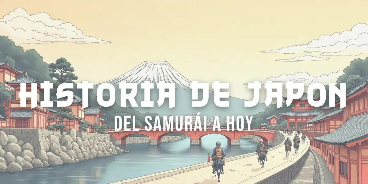 Ilustración estilo ukiyo-e con samuráis a caballo, un castillo feudal y el monte Fuji que resume la historia de Japón