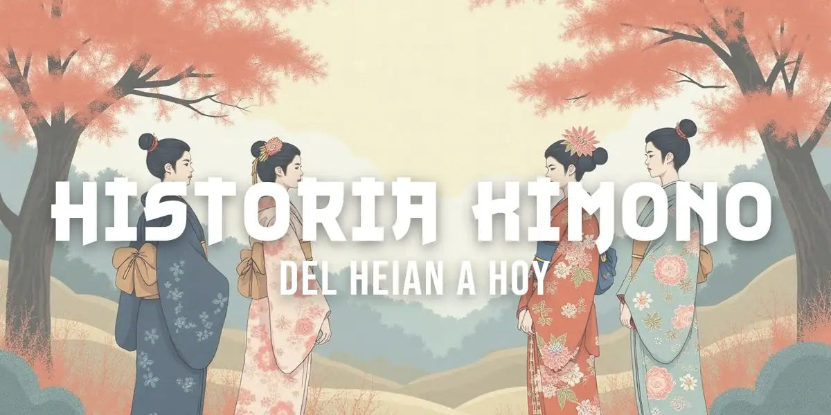 Ilustración al estilo de las estampas japonesas con tres figuras que visten kimonos de los periodos Heian, Muromachi y Edo en un jardín