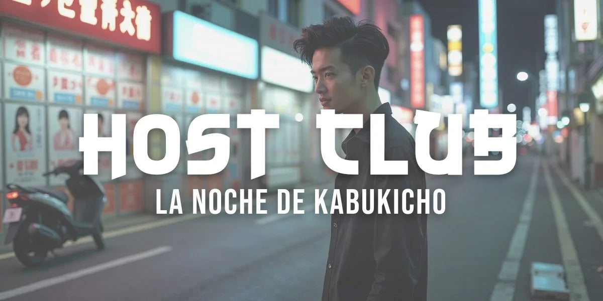 Host japonés con camisa negra entallada en una calle de Kabukicho de noche, bajo los carteles luminosos de los clubes