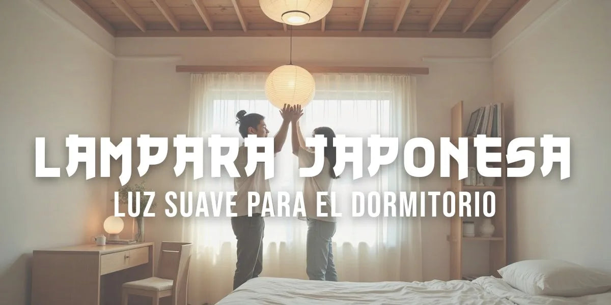 Pareja colgando una lámpara japonesa de papel washi en un dormitorio con luz natural