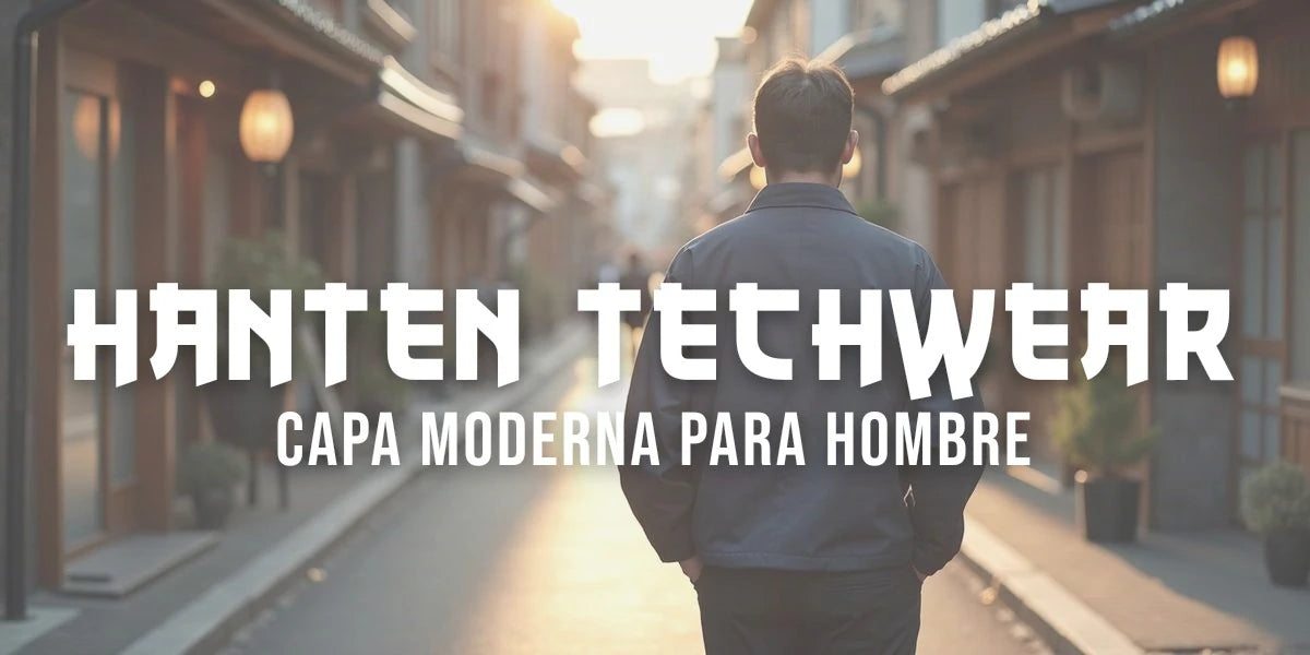 Hombre con hanten techwear moderno en calle urbana de Japón, luz dorada del atardecer, estética minimalista contemporánea