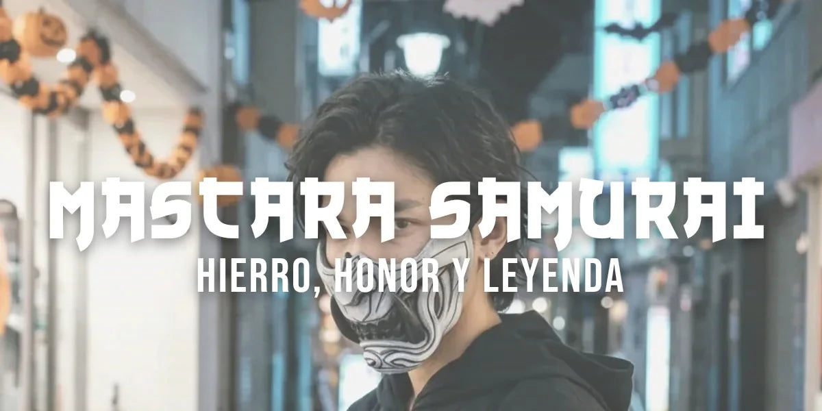 Hombre con una máscara menpo de samurái cubriendo la mitad inferior del rostro, en una calle japonesa decorada para Halloween