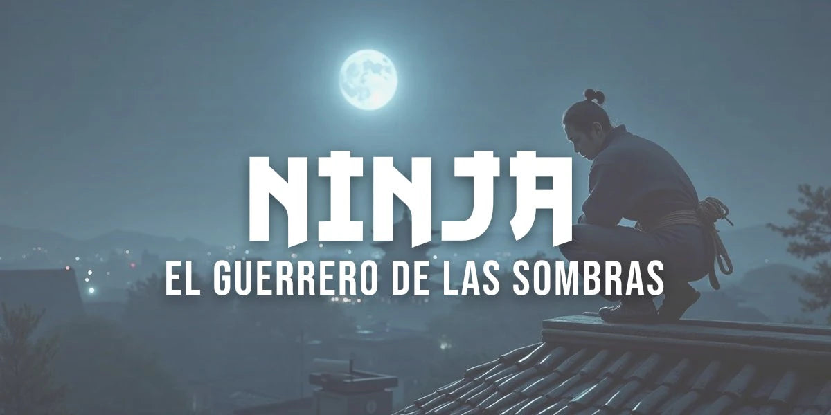 Shinobi vestido de oscuro agazapado sobre el tejado de un templo japonés bajo la luz de la luna