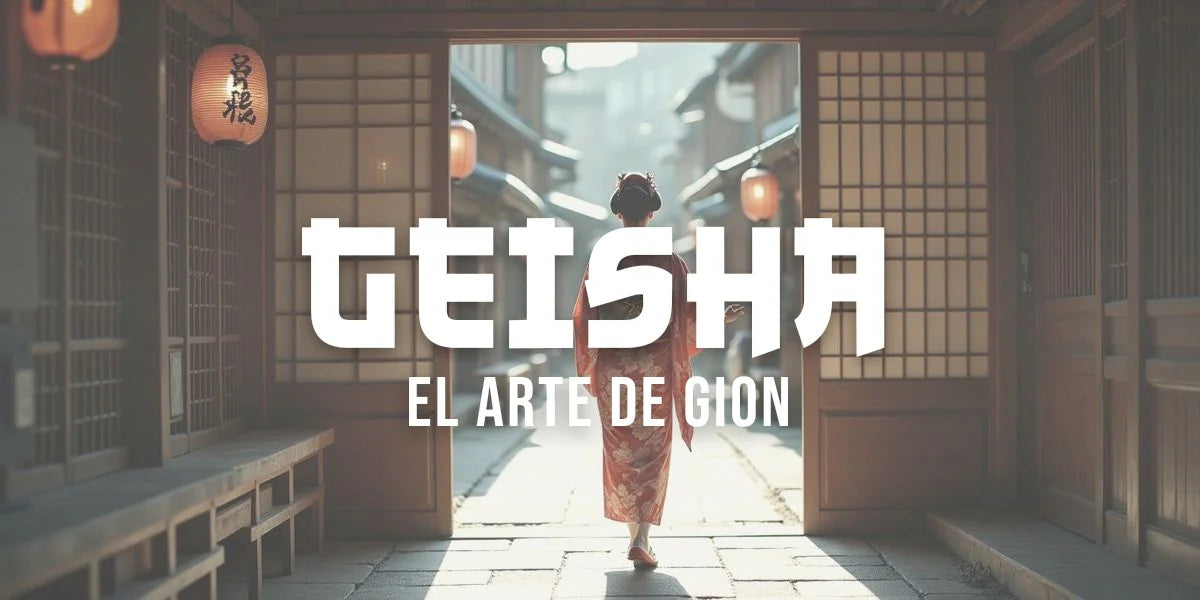 Geisha con kimono de seda caminando por una calle estrecha del barrio de Gion en Kioto