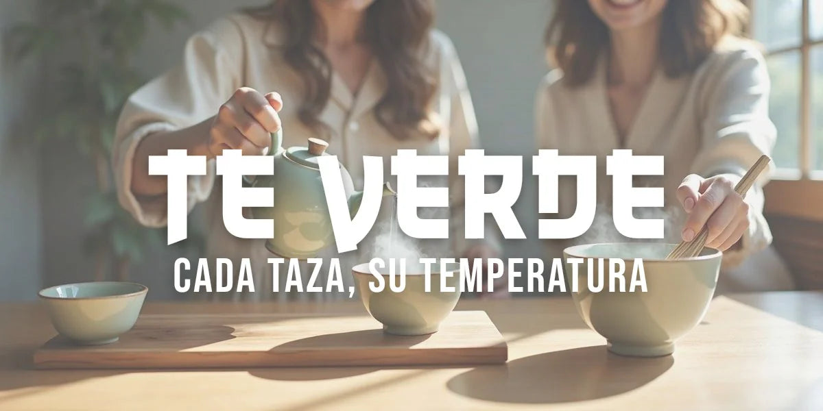 Tetera y tazas japonesas sirviendo té verde junto a un bol de matcha con batidor de bambú