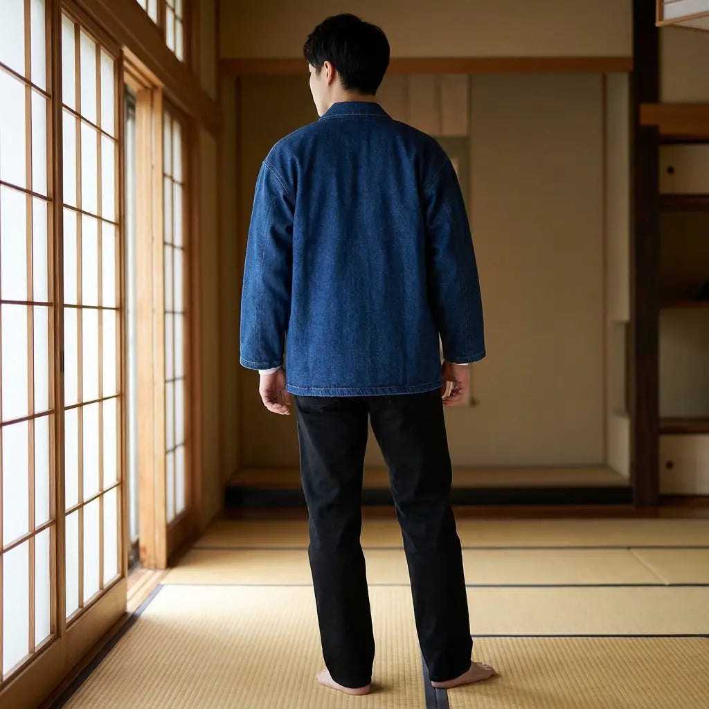 Vista trasera de un haori azul en una sala washitsu, mostrando el diseño completo de la espalda