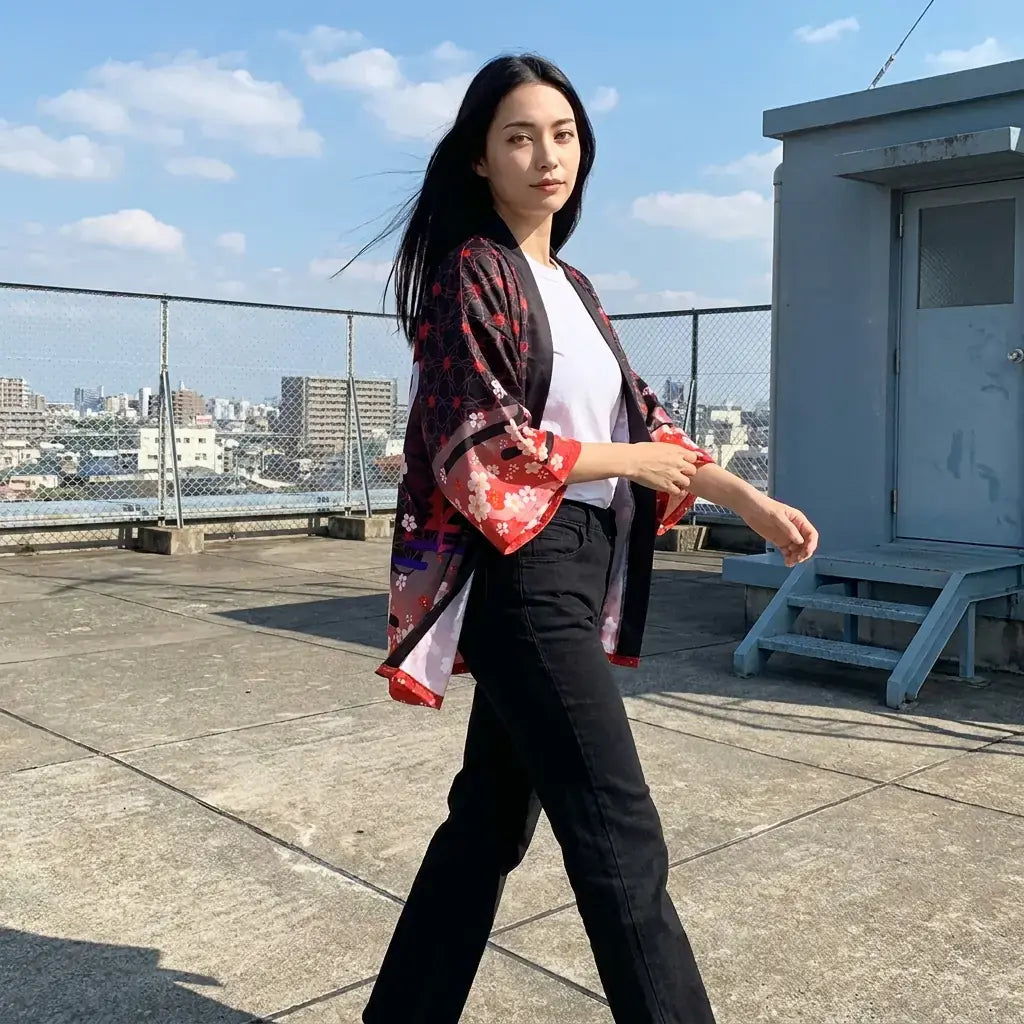 Primer plano del tejido y la manga del abrigo kimono mujer