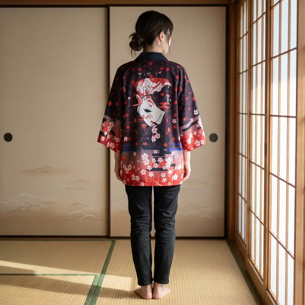 Abrigo Kimono Mujer llevado por un hombre en una habitación japonesa tradicional, vista frontal
