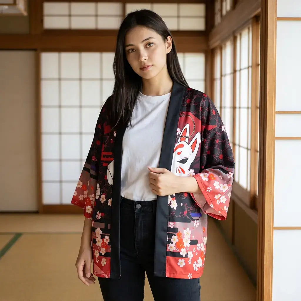 Abrigo Kimono Mujer llevado por un hombre en una habitación japonesa tradicional, vista frontal