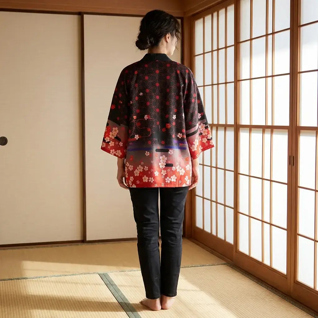 Abrigo Kimono Mujer llevado por un hombre en una habitación japonesa tradicional, vista frontal