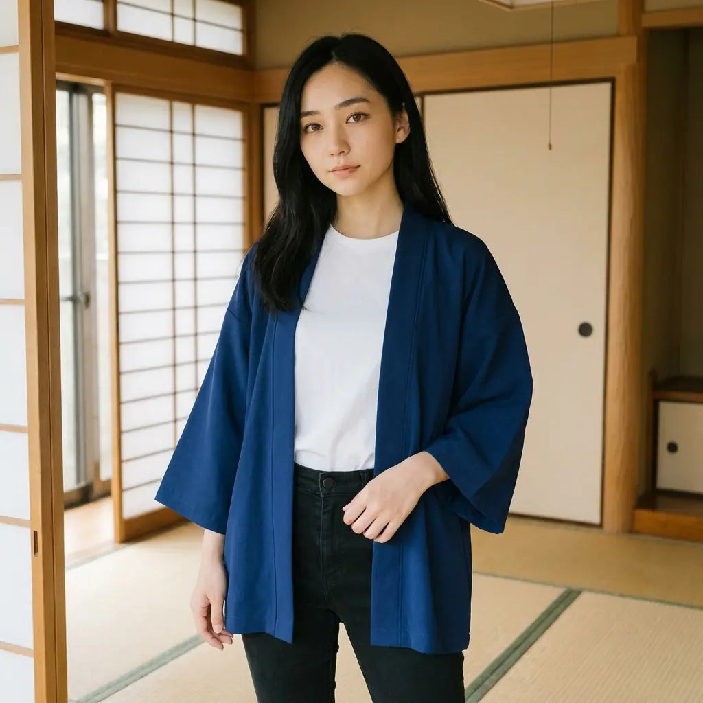 Vista frontal del abrigo kimono mujer llevado sobre ropa cotidiana, en una sala con paneles shoji