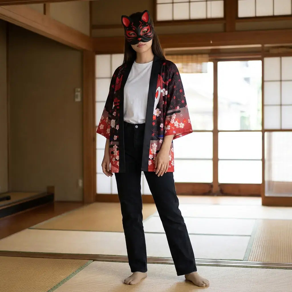 Abrigo Kimono Mujer llevado por una mujer en una habitación japonesa tradicional