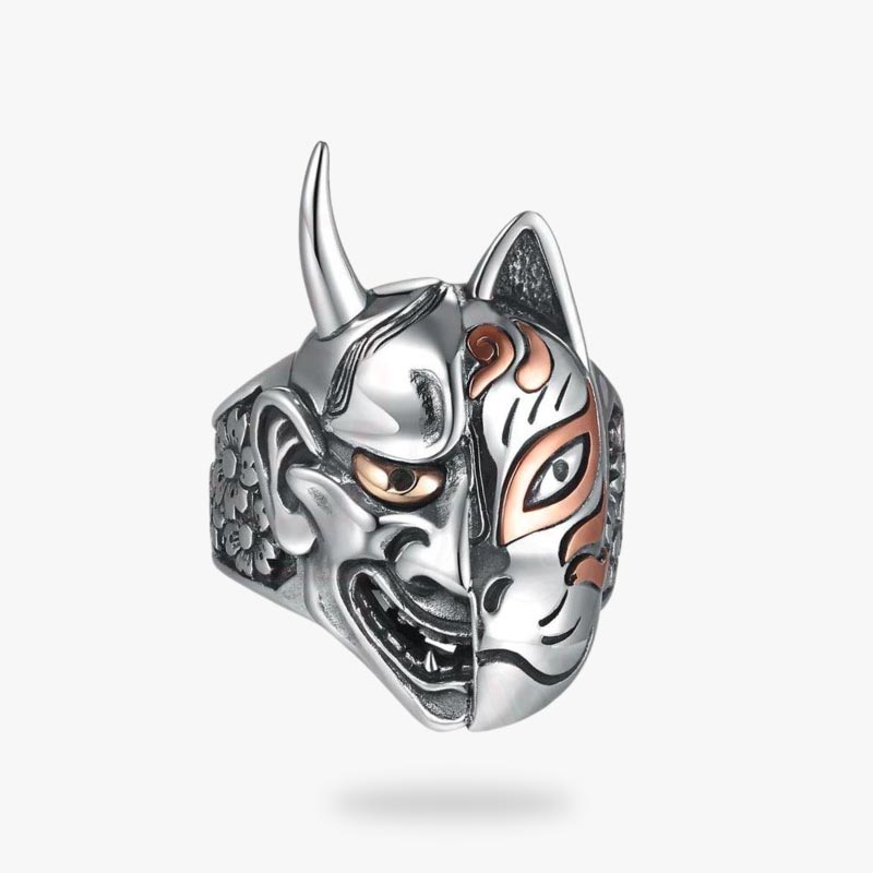 Anillo Kitsune Oni de acero inoxidable con rostro de zorro y demonio