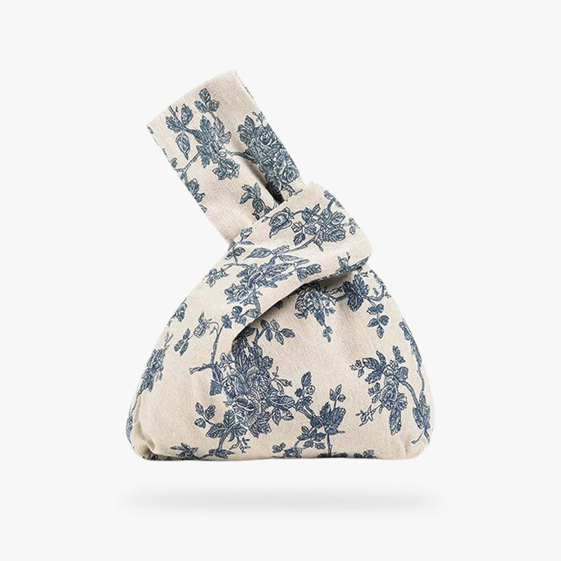 Bolso japonés tradicional blanco con estampado de flores japonesas, bolso de tela con lazo