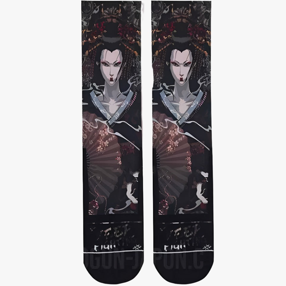Calcetines tabi con ilustración de geisha y peineta kanzashi