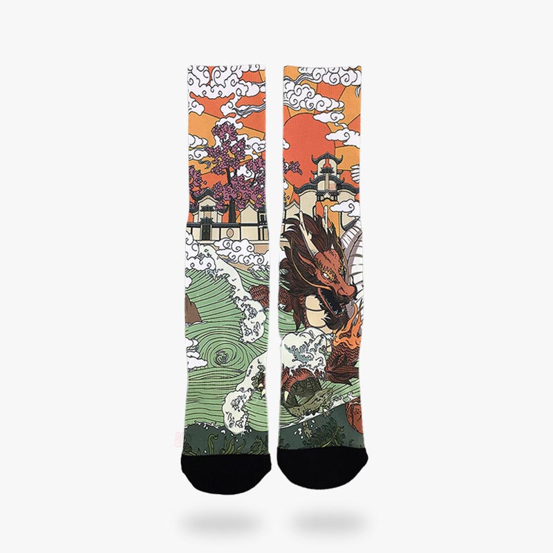 Calcetines tabi manga con estampado de dragón y flores de cerezo