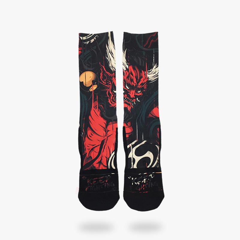 Calcetines tabi japoneses rojos con estampado del dios Raijin