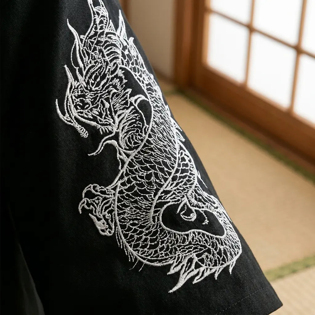 Detalle de calidad del tejido estampado del haori