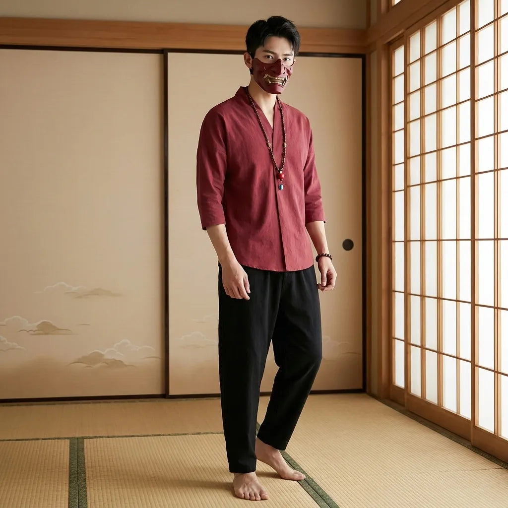 Camisa japonesa roja sin mangas vista frontal