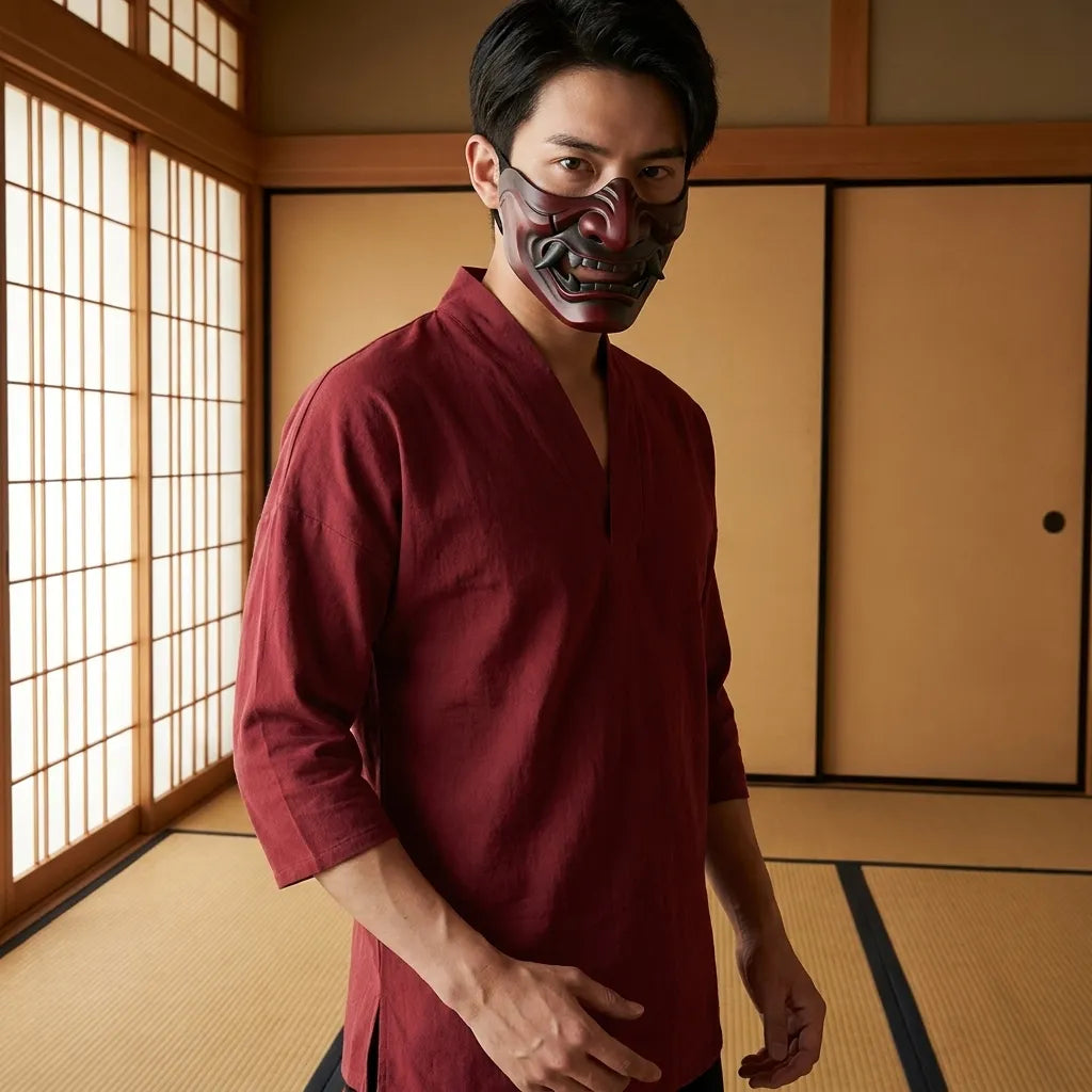 Camisa japonesa roja sin mangas detalle frontal