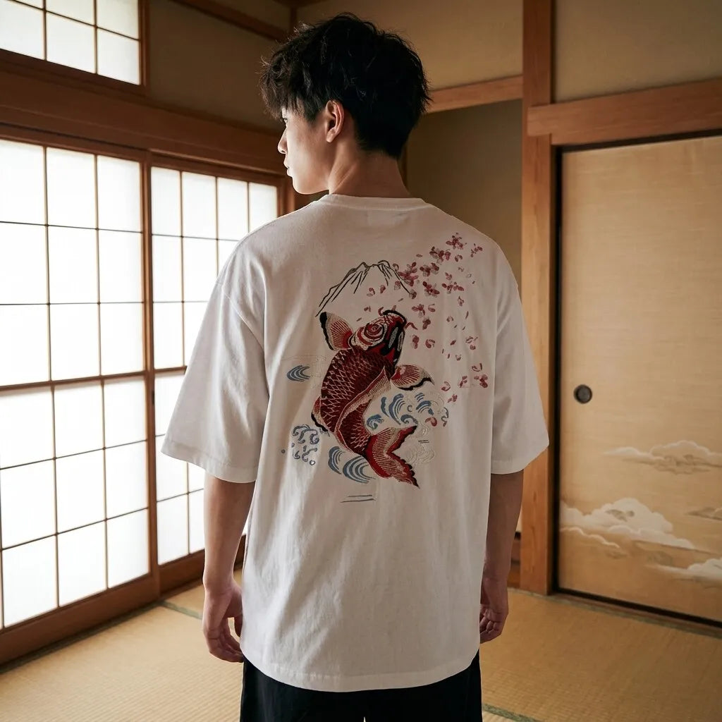Camisa koi blanca con carpa japonesa bordada