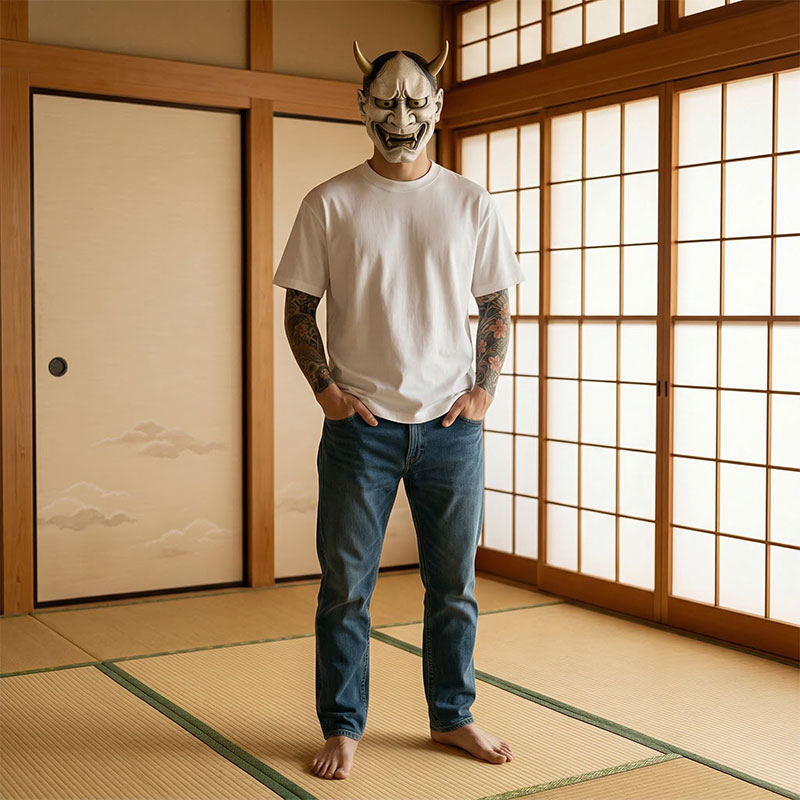 Persona con camiseta blanca japonesa y vaqueros azules en una sala tradicional con paneles shoji