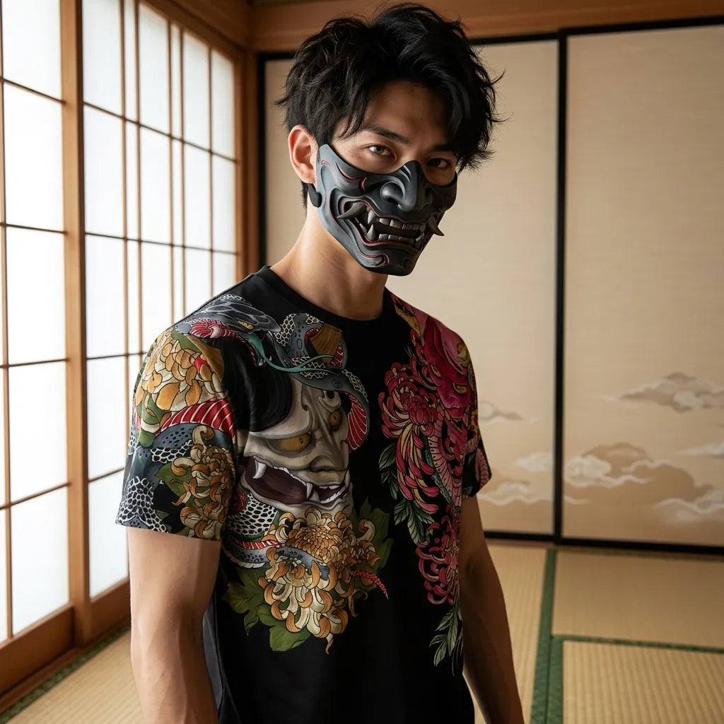 Camiseta irezumi oni japonesa negra de hombre