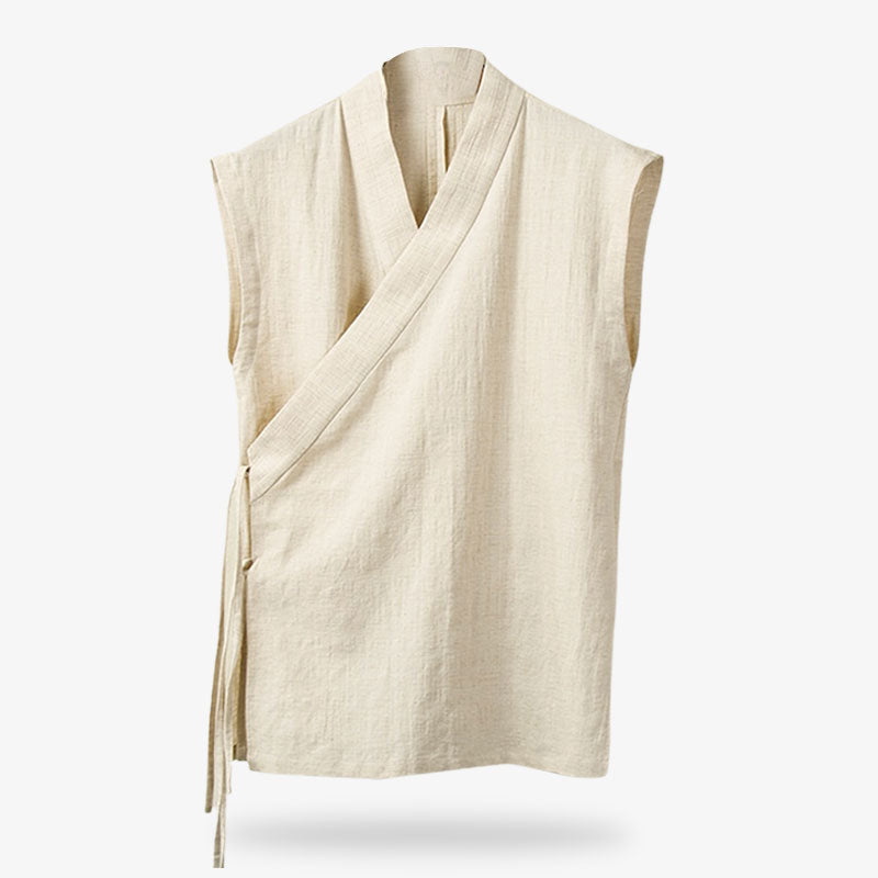 Camiseta japonesa blanca de lino sin mangas con cuello en V kimono