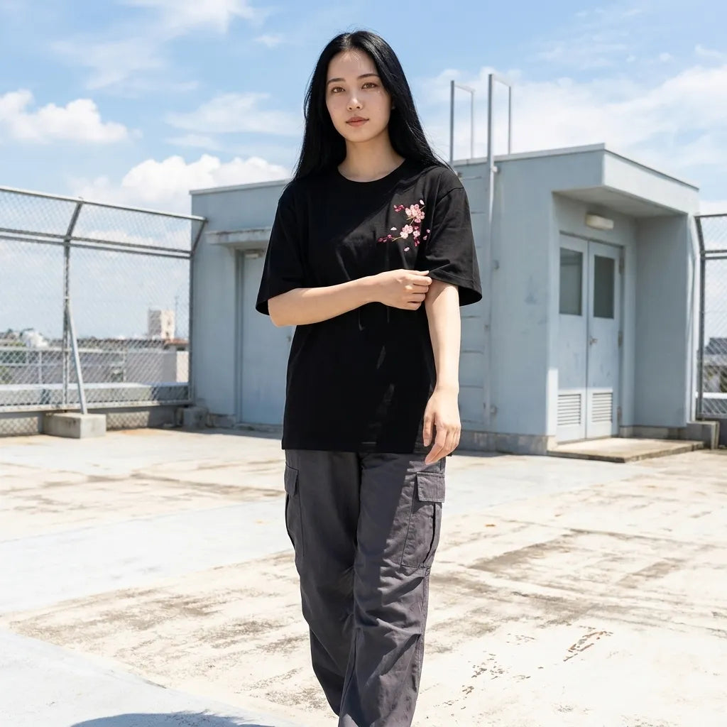 Camiseta japonesa bordada con motivo floral