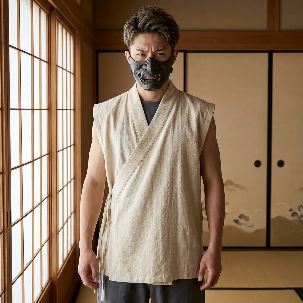 Detalle del cierre lateral estilo jinbei de la camiseta japonesa