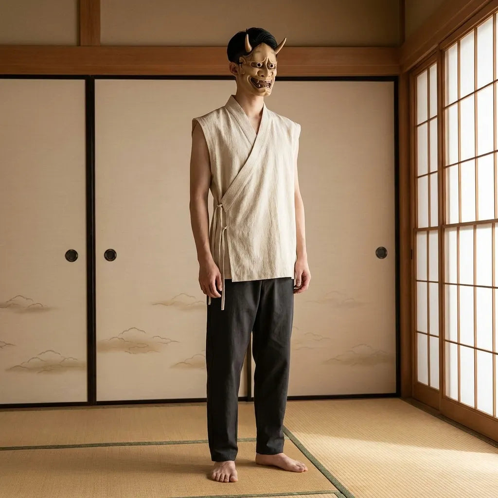 Camiseta japonesa sin mangas con cuello en V de frente