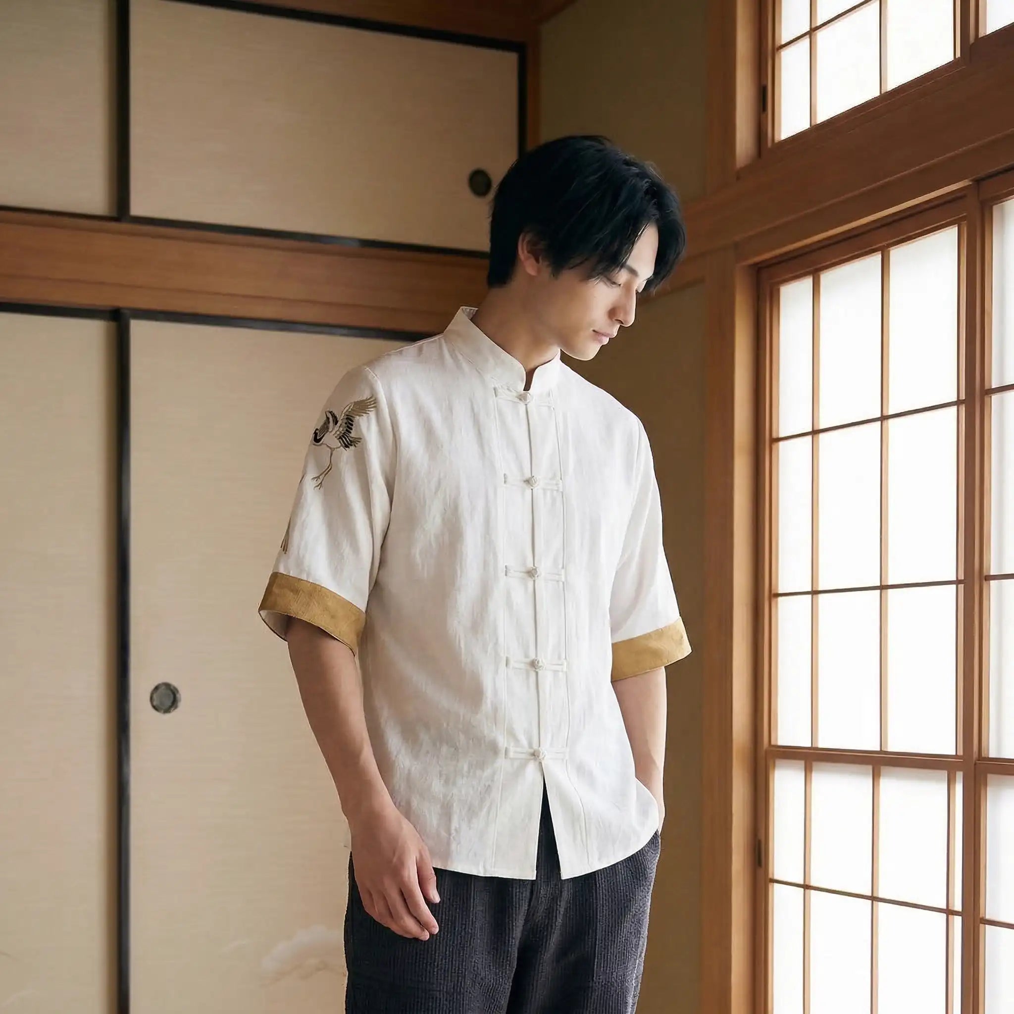 Camiseta japonesa de cuello Mao para hombre