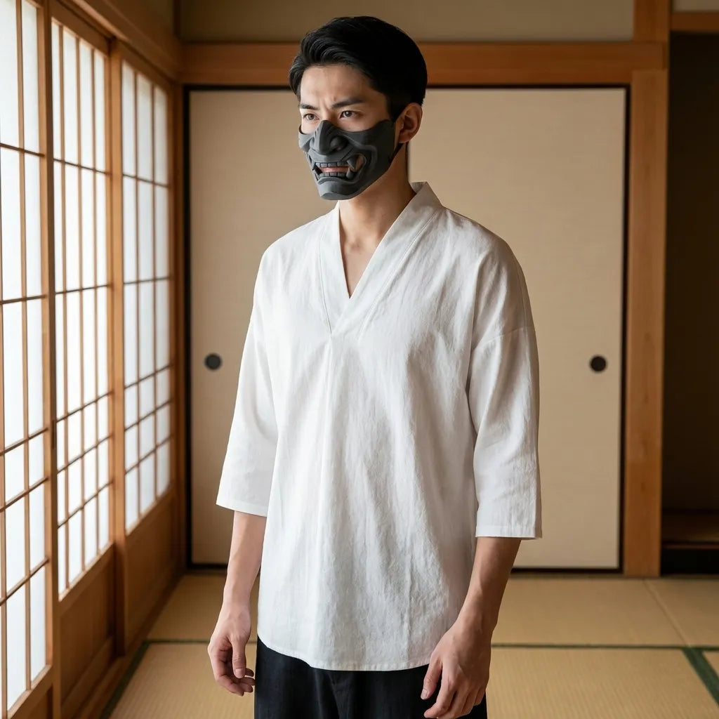 Camiseta japonesa de hombre en lino blanco con cuello en V, vista frontal