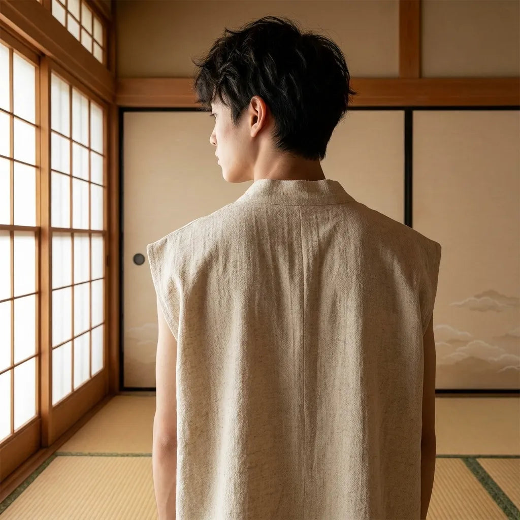 Espalda de la camiseta japonesa sin mangas de lino