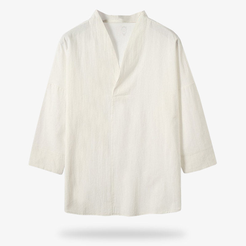 Camiseta japonesa blanca de lino para un conjunto casual de inspiración nipona