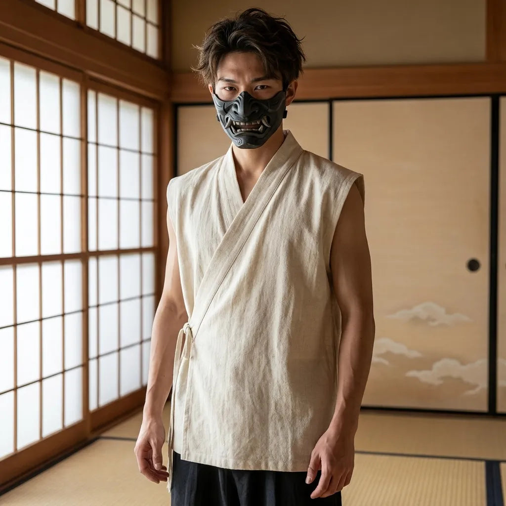 Camiseta japonesa sin mangas de lino vista de frente