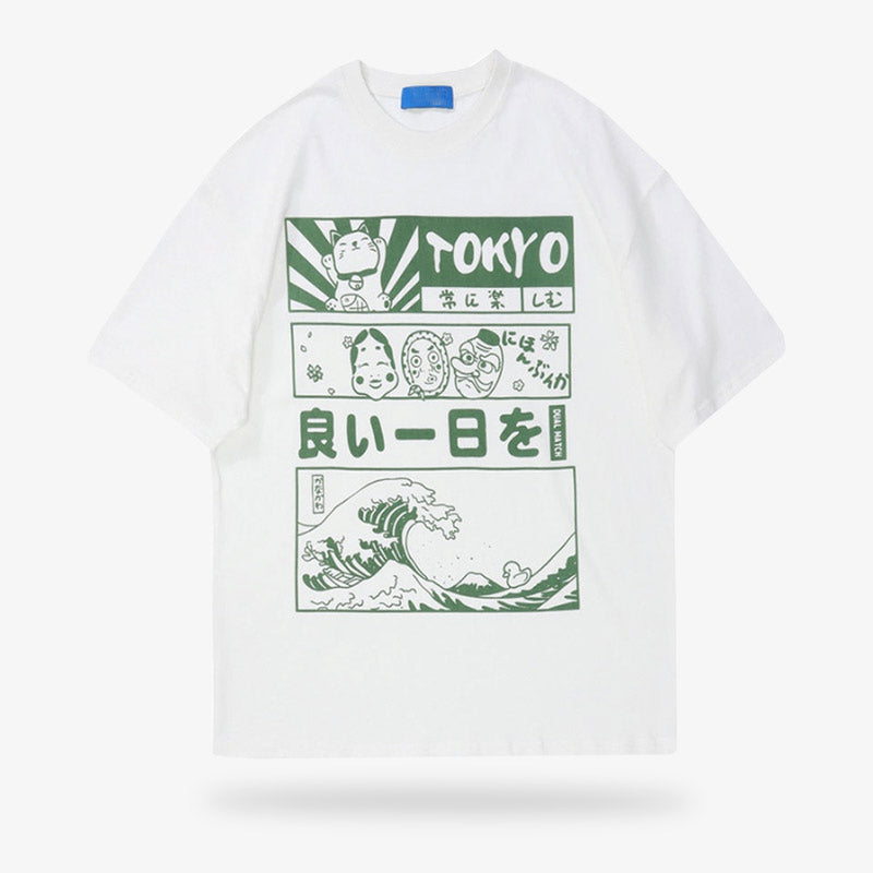Camiseta Tokyo blanca de estilo casual con motivos de kanji japonés y la gran ola de Kanagawa, 100% algodón
