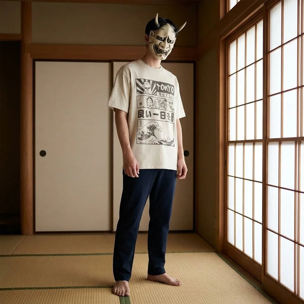 Camiseta Tokyo color crema vista frontal, segundo ángulo urbano