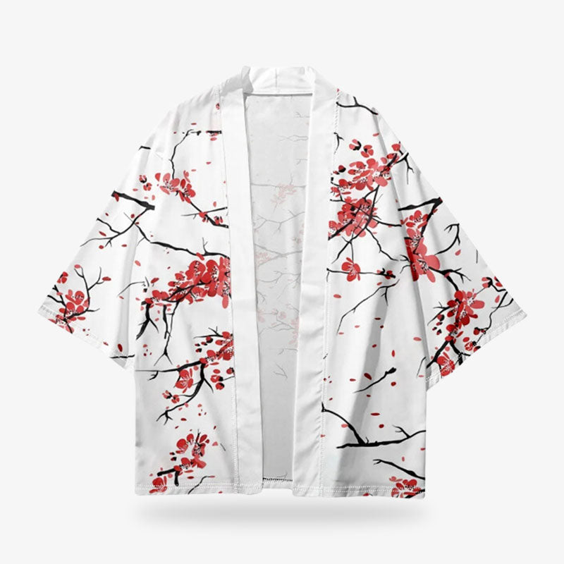 Chaqueta kimono blanca con flores de sakura rojas