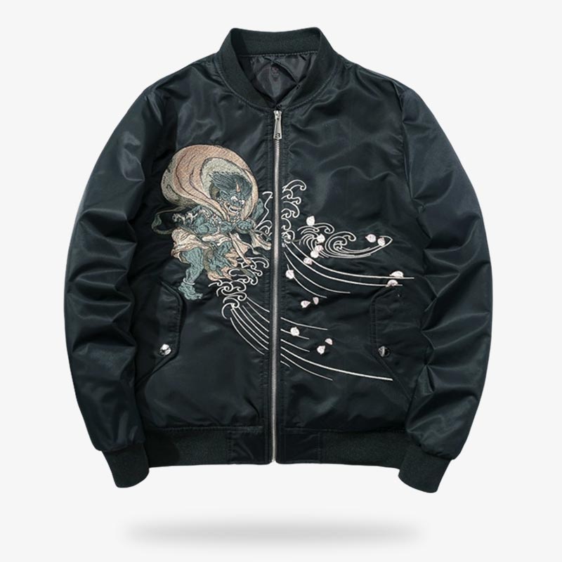 Chaqueta bomber estilo béisbol y motero sukajan bordada con símbolos de dioses kami