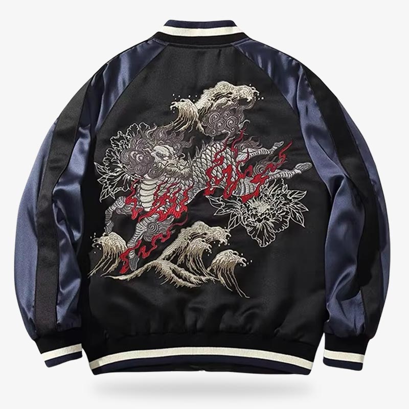 Chaqueta sukajan bomber japonesa con bordado detallado de motivos tradicionales japoneses