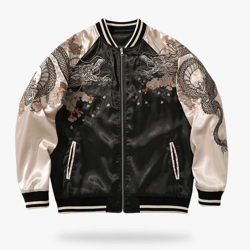 Esta chaqueta dragon japones con bordados es una sukajan jacket con dos dragones bordados en los hombros.