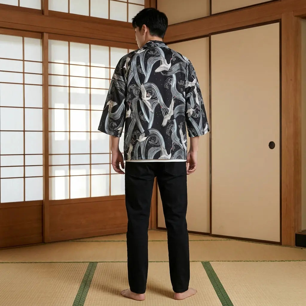 Vista trasera de una chaqueta haori estilo kimono en una habitación washitsu, mostrando el diseño completo de la espalda
