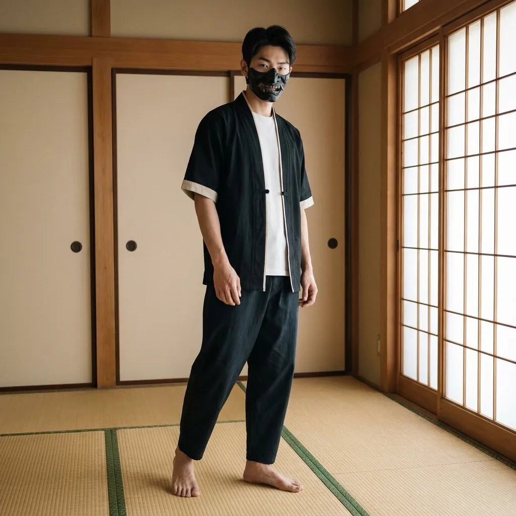 Chaqueta haori japonesa negra vista de frente